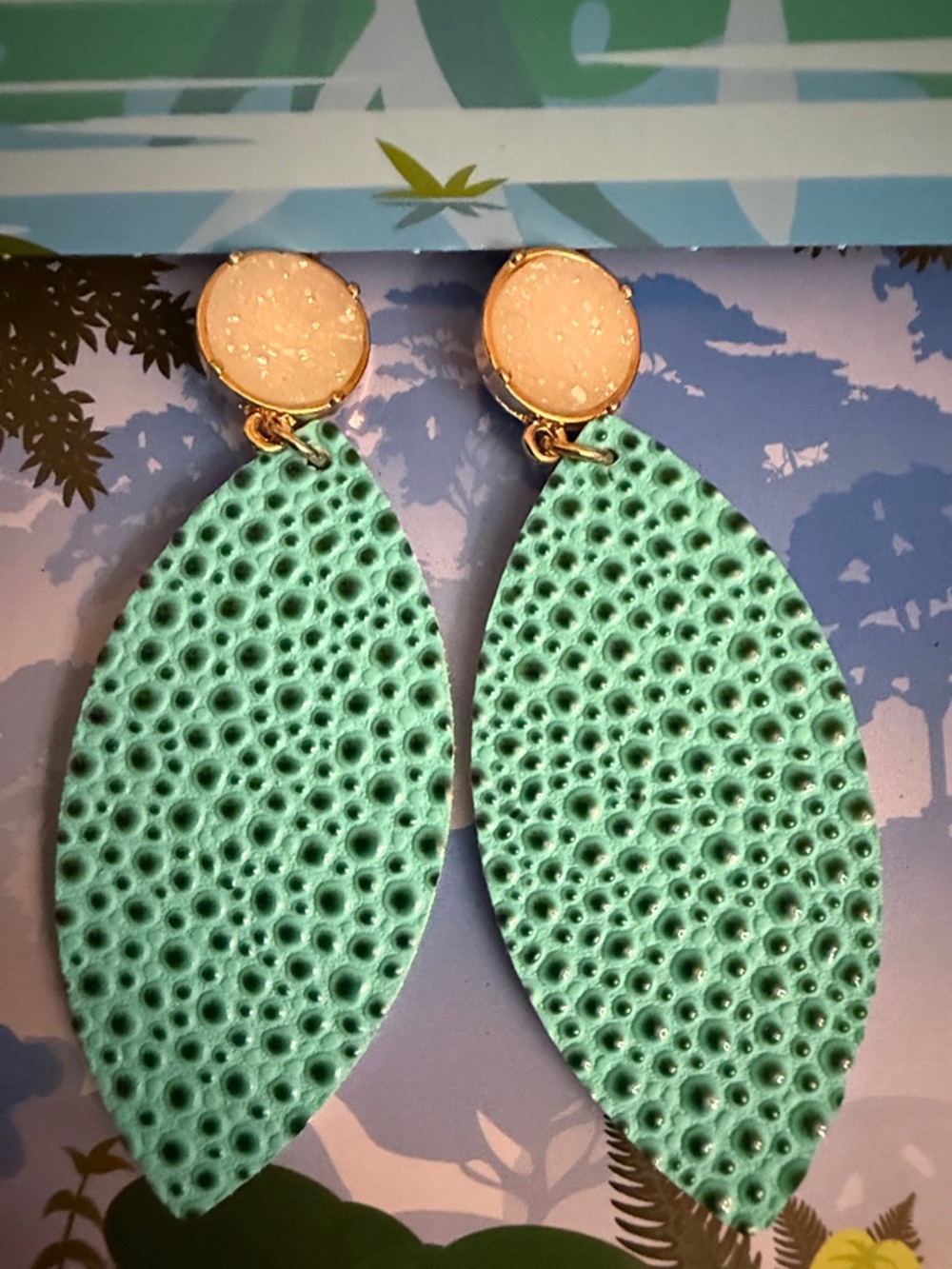 Mint Green Textured Drop Earrings with Gold Accents